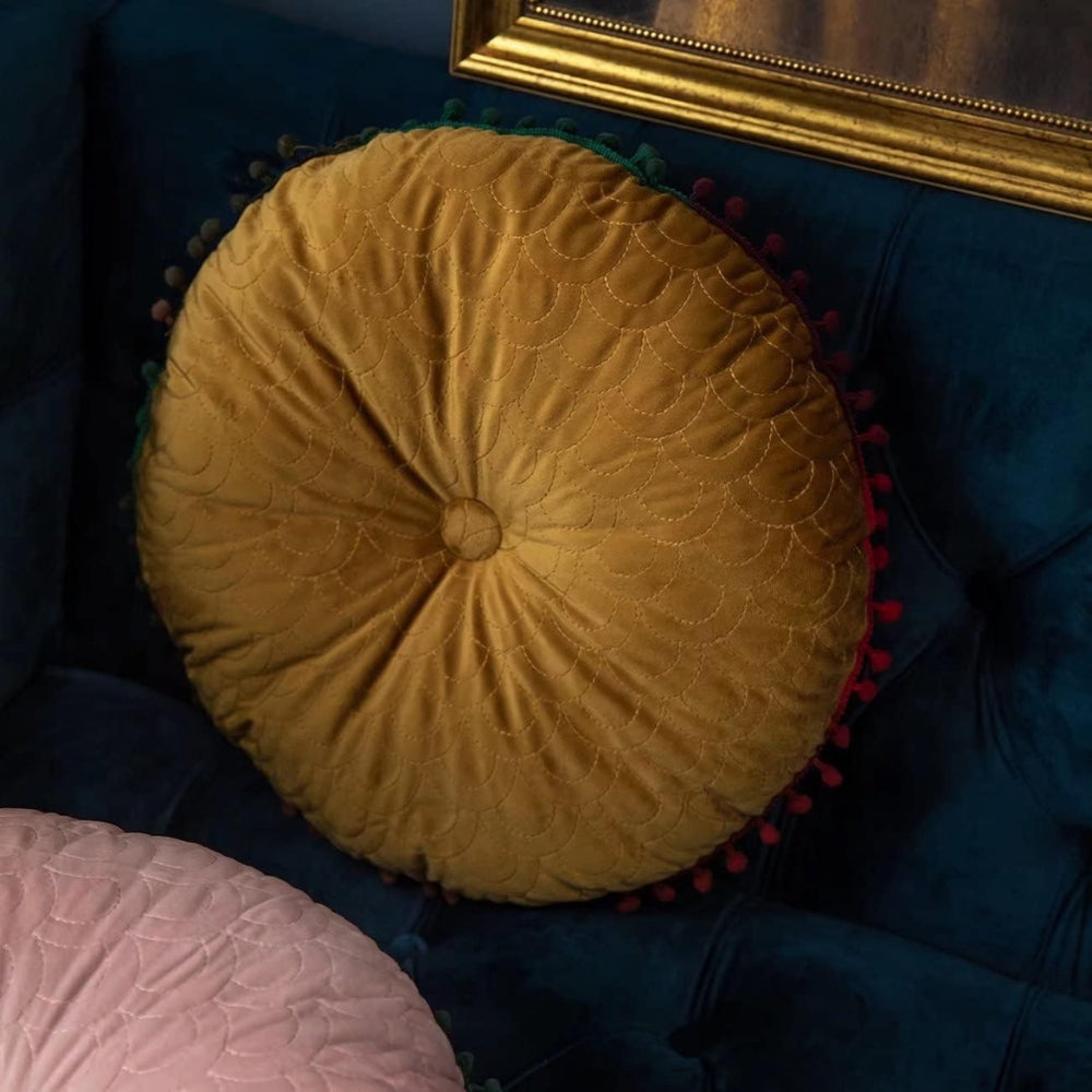 Vesper Round Cushion - Vintage Quilted Velvet, Decorative Pom-Pom Trim 4