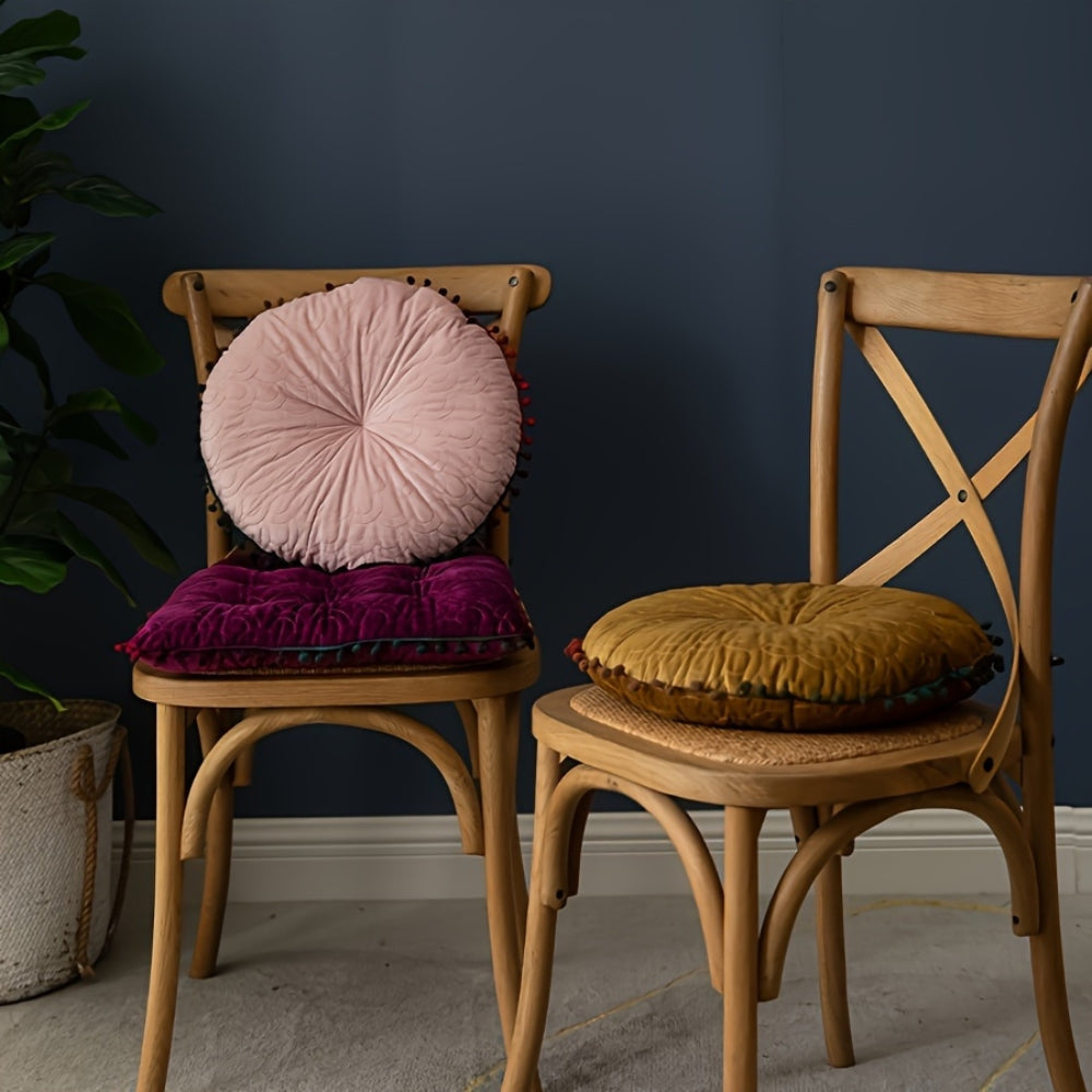 Vesper Round Cushion - Vintage Quilted Velvet, Decorative Pom-Pom Trim 5