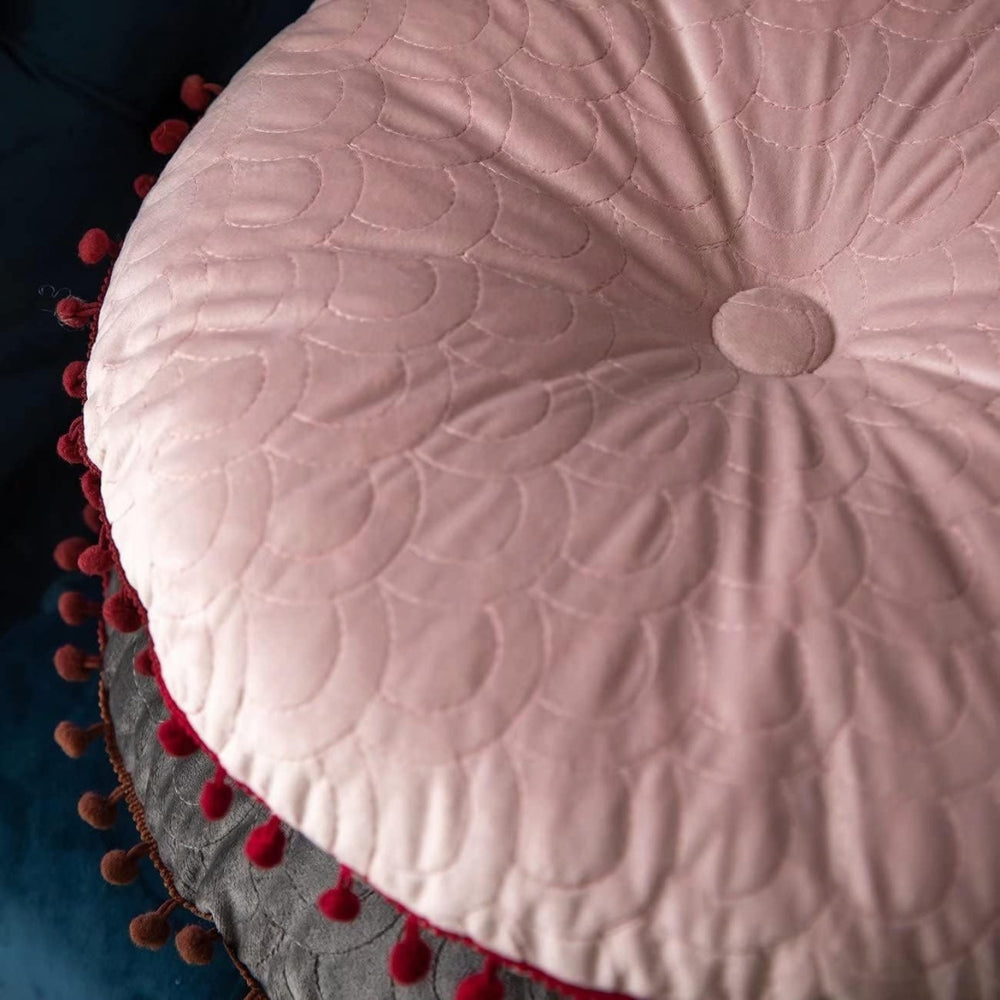 Vesper Round Cushion - Vintage Quilted Velvet, Decorative Pom-Pom Trim 6