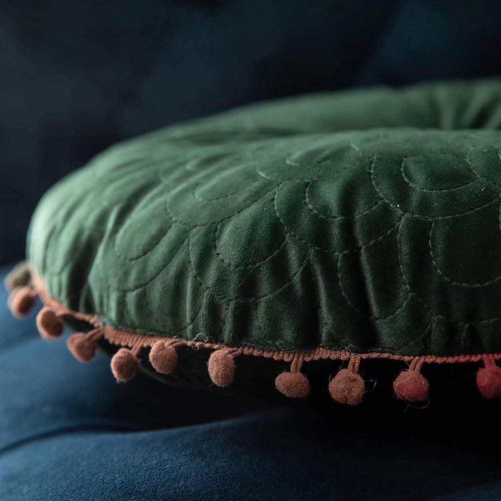 Vesper Round Cushion - Vintage Quilted Velvet, Decorative Pom-Pom Trim 7