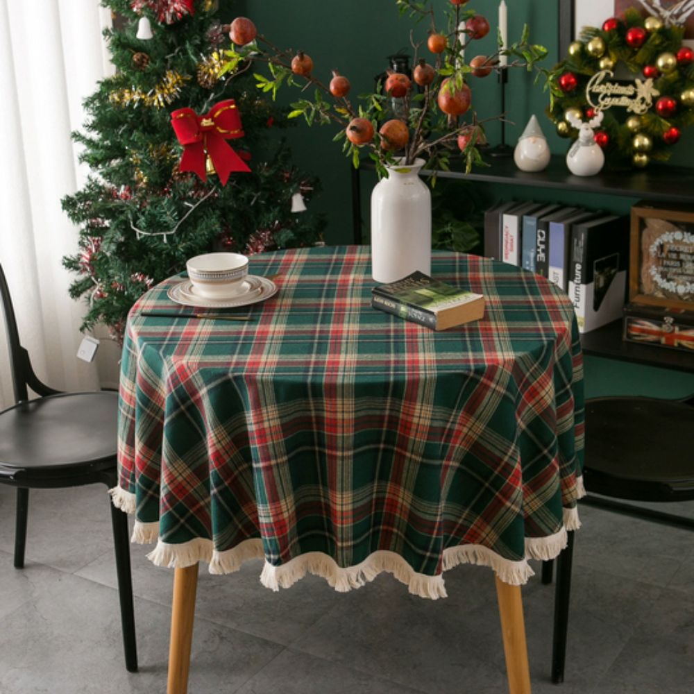Vesper Round Tablecloth - Microfiber Blend, Holiday Plaid with Tasselled Edges 0