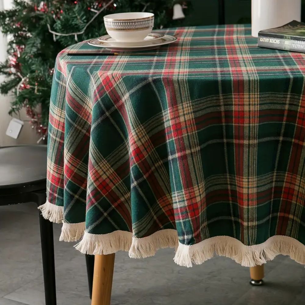 Vesper Round Tablecloth - Microfiber Blend, Holiday Plaid with Tasselled Edges 1