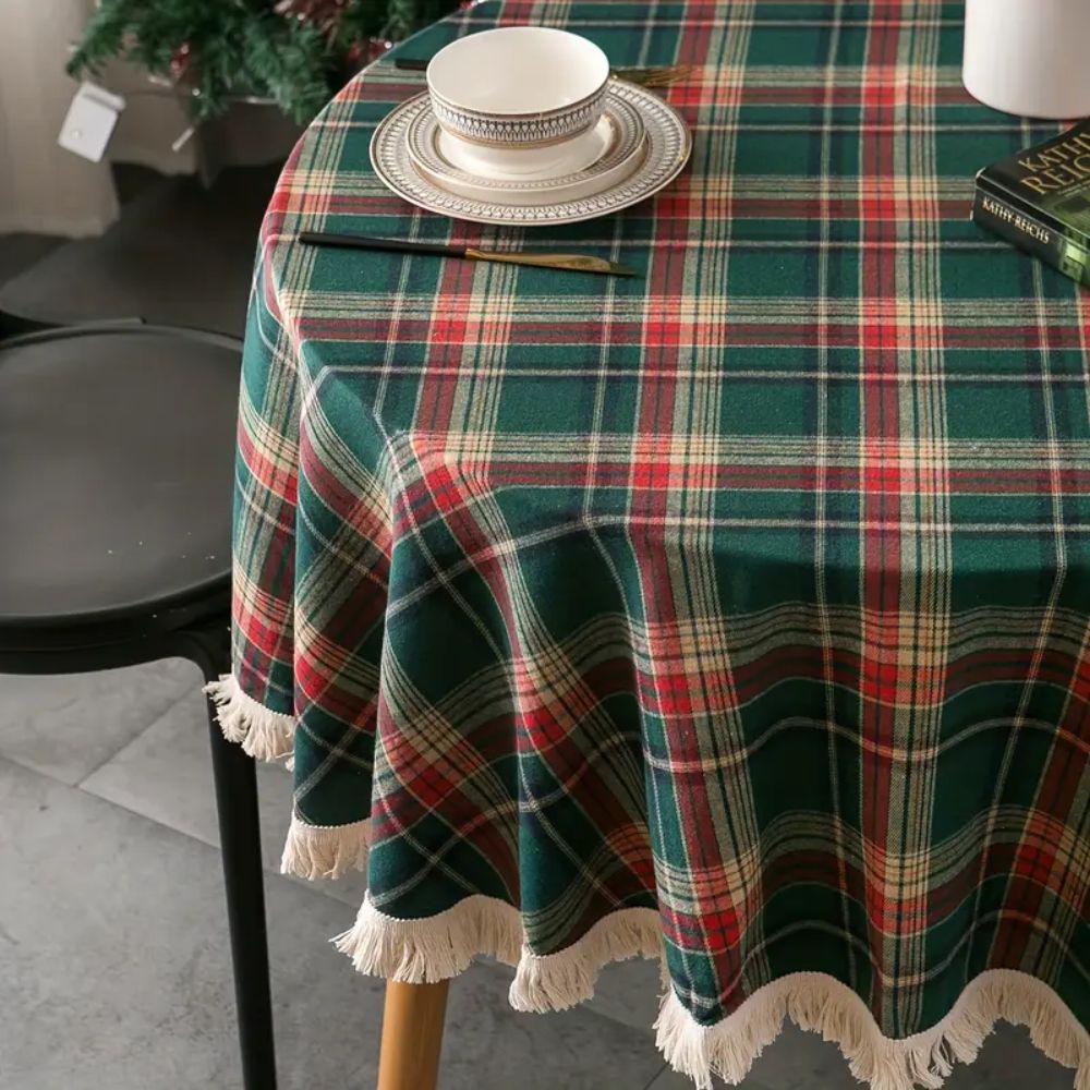 Vesper Round Tablecloth - Microfiber Blend, Holiday Plaid with Tasselled Edges 2