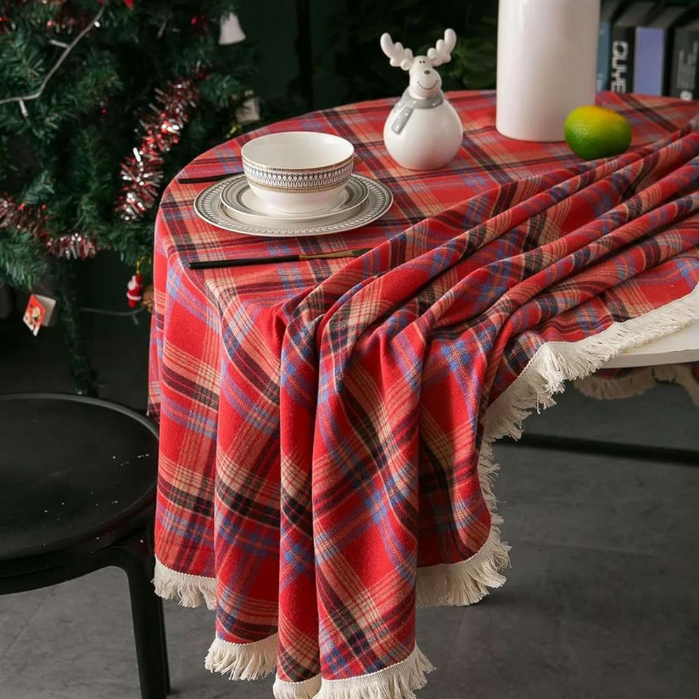 Vesper Round Tablecloth - Microfiber Blend, Holiday Plaid with Tasselled Edges 4
