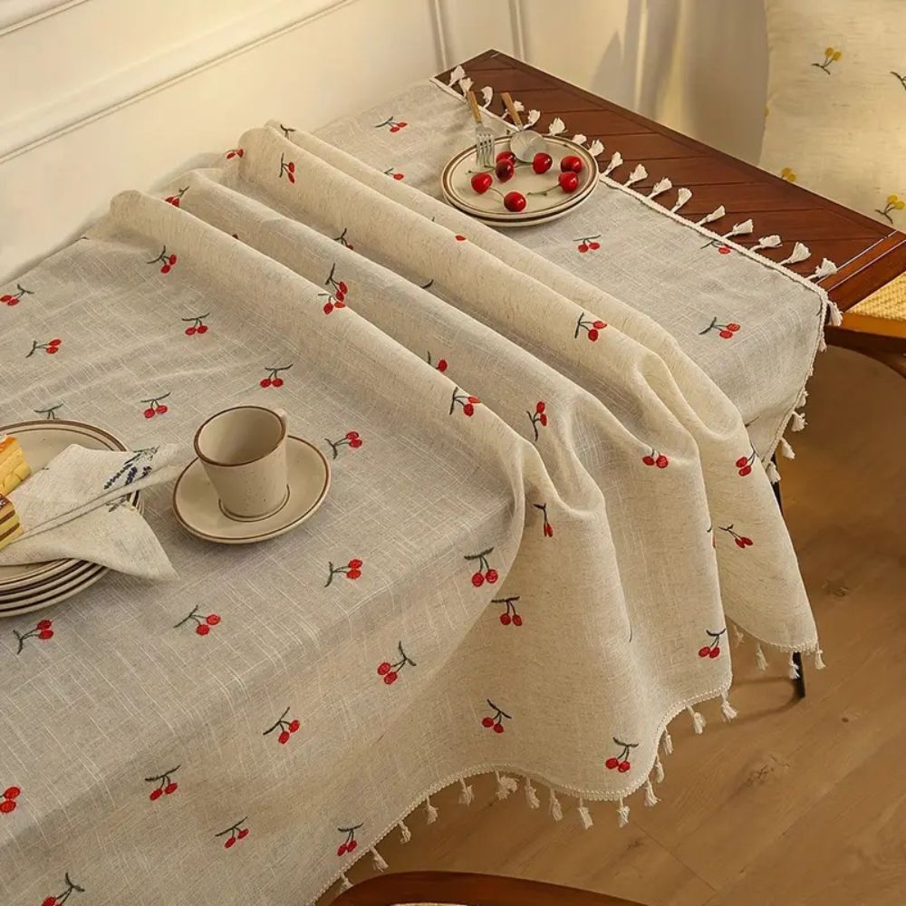 Vesta Tablecloth - Microfiber Blend with Red Cherry Tassels 0