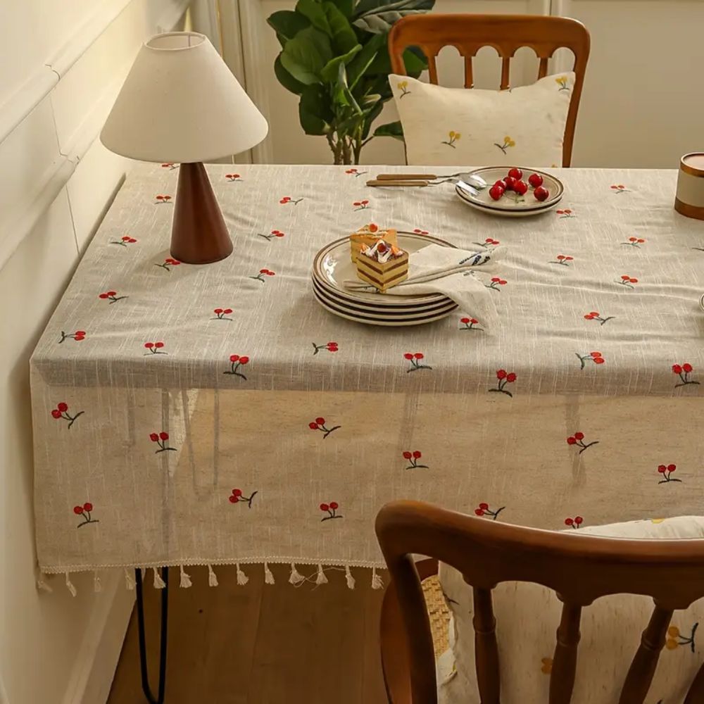 Vesta Tablecloth - Microfiber Blend with Red Cherry Tassels 2