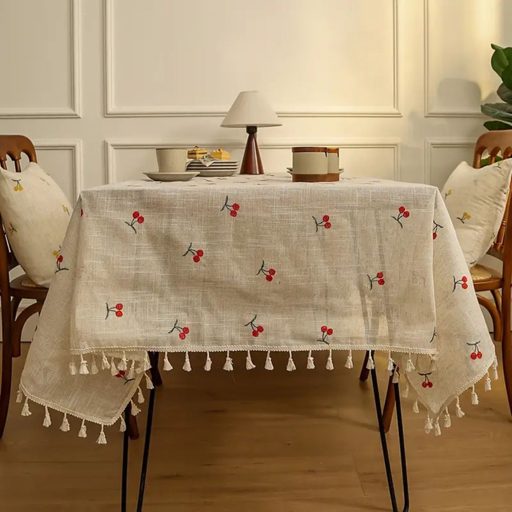 Vesta Tablecloth - Microfiber Blend with Red Cherry Tassels 4