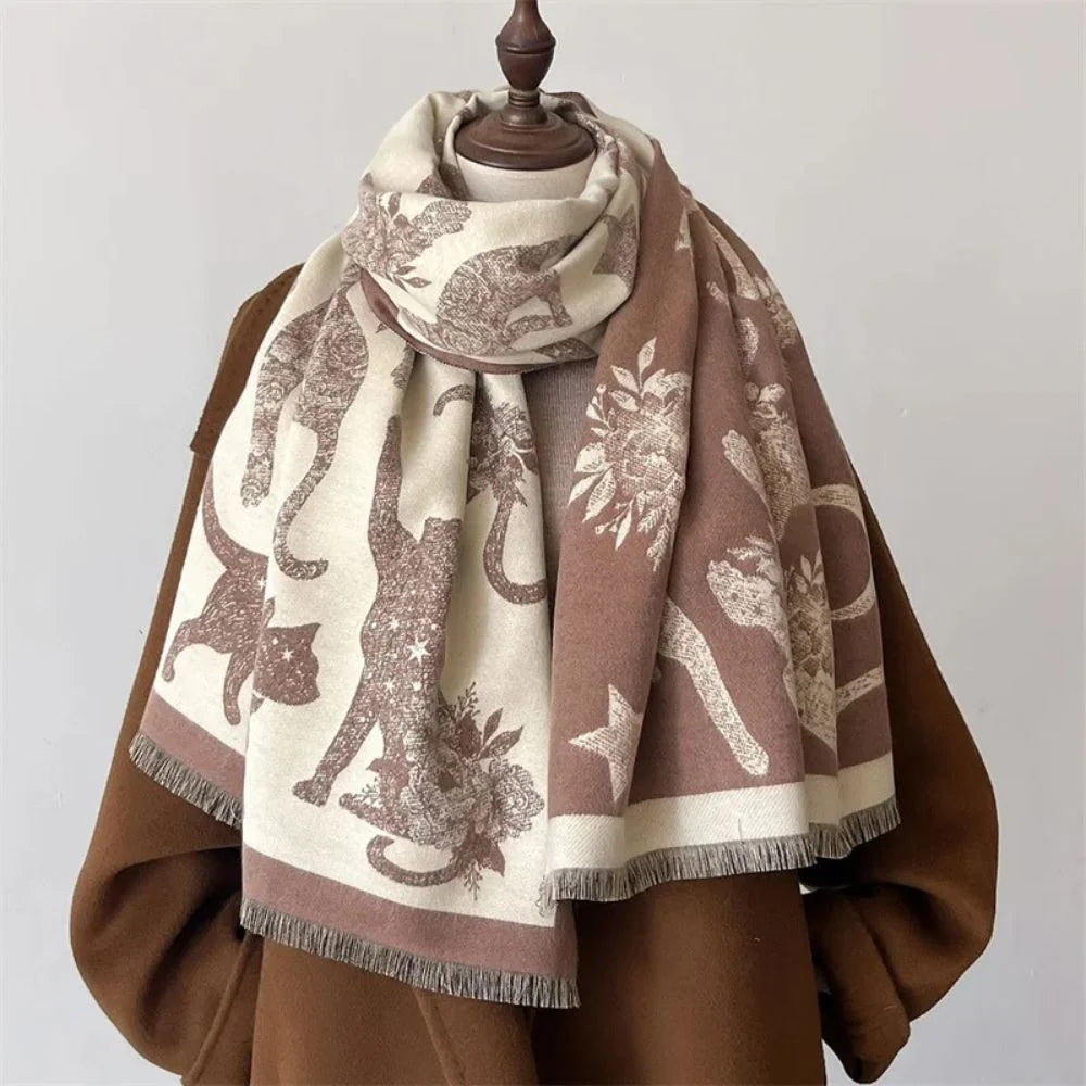 Viora Cat Print Scarf - Soft Microfiber, Vintage-Inspired Warmth 1