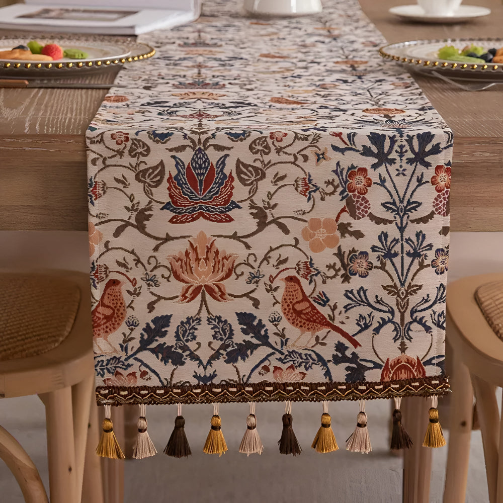 Viora Table Runner - Jacquard Floral and Bird Design, Elegant Tasselled Edges 1
