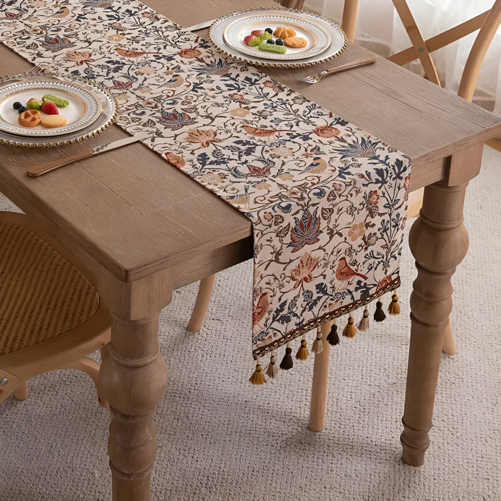 Viora Table Runner - Jacquard Floral and Bird Design, Elegant Tasselled Edges 2