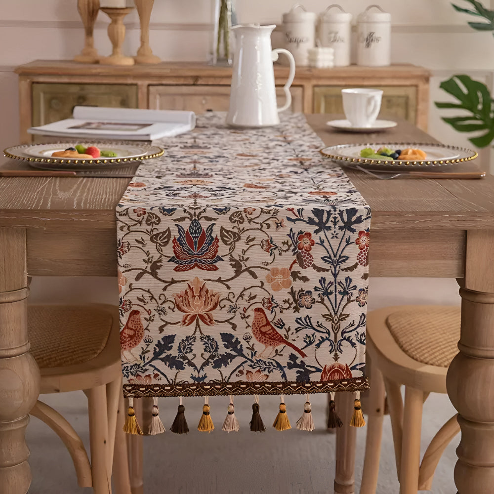 Viora Table Runner - Jacquard Floral and Bird Design, Elegant Tasselled Edges 3