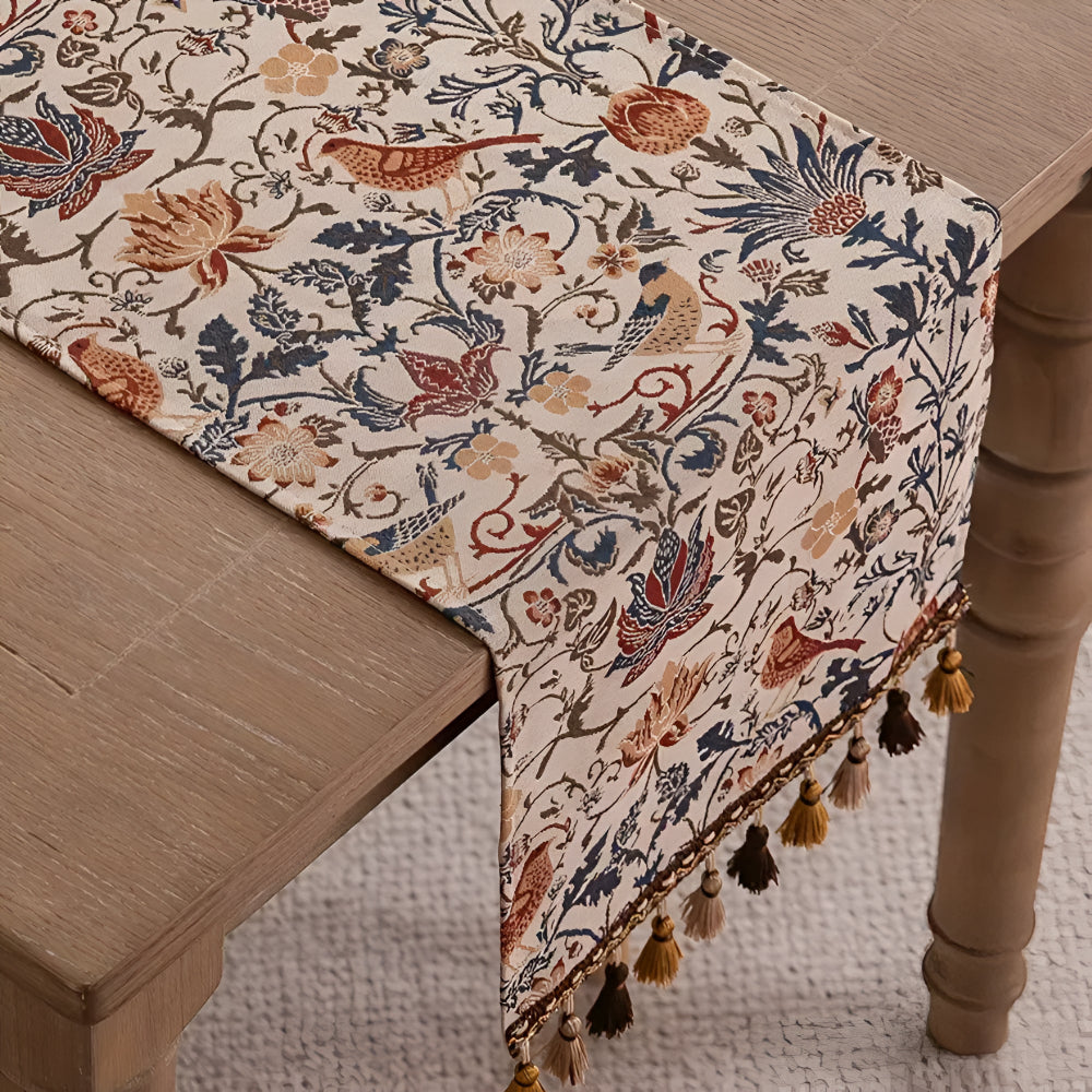 Viora Table Runner - Jacquard Floral and Bird Design, Elegant Tasselled Edges 4