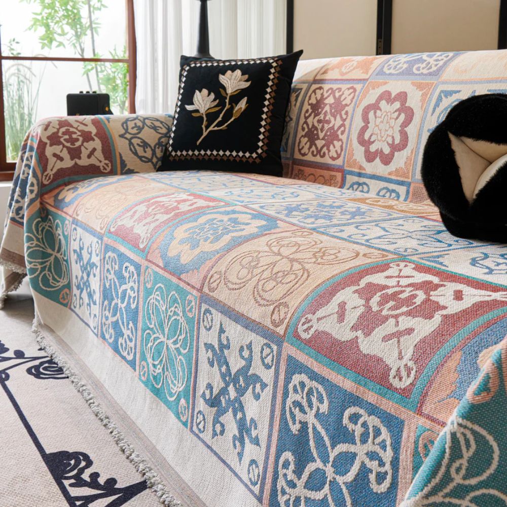 Vivid Mosaic Sofa Cover - Premium Chenille, Elegant Floral Design 2