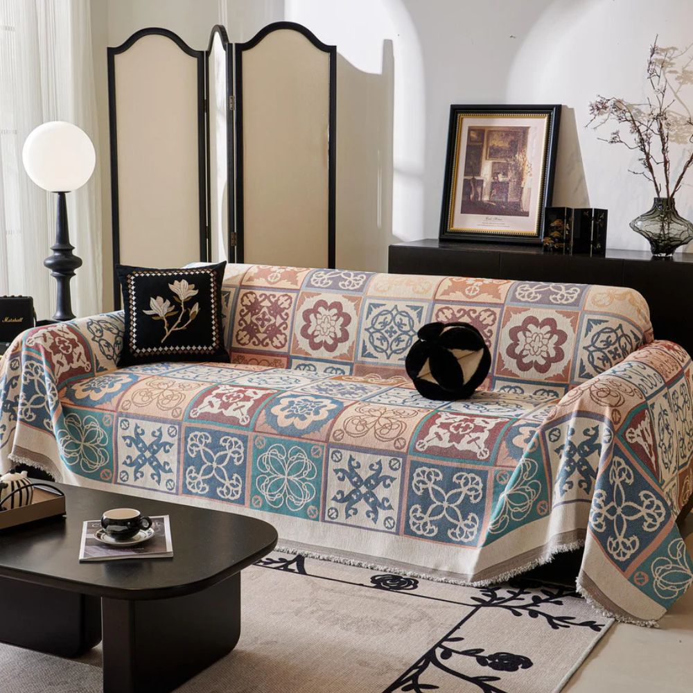 Vivid Mosaic Sofa Cover - Premium Chenille, Elegant Floral Design 4