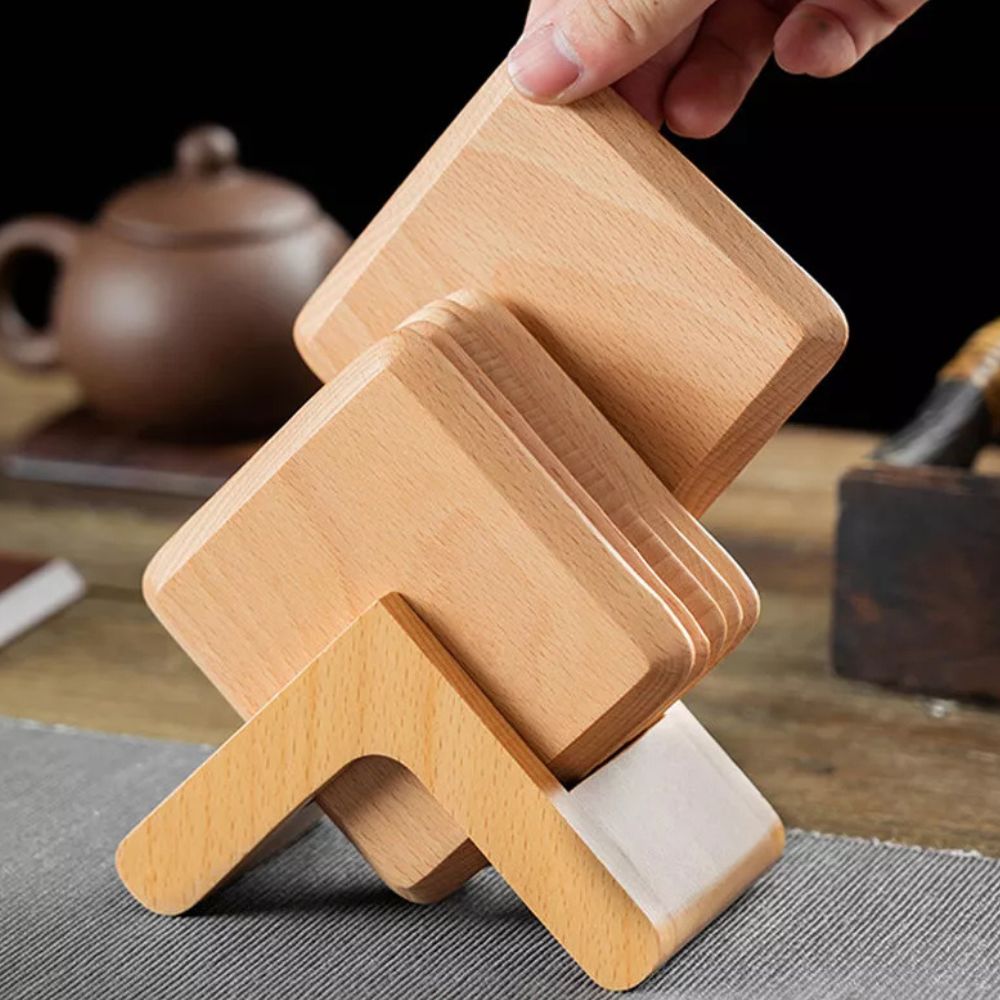 Wesley Coaster Set - Black Walnut and Beech, 6 Pieces with Holder 0