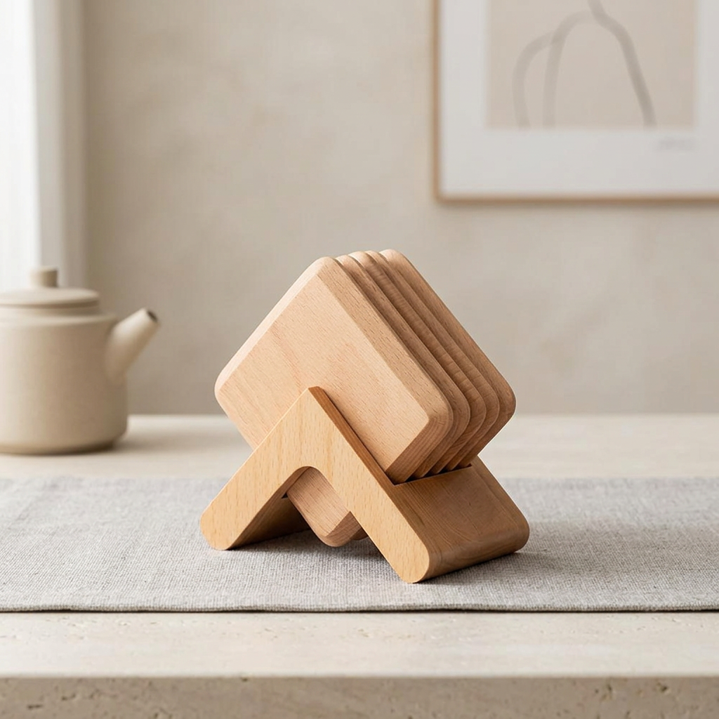 Wesley Coaster Set - Black Walnut and Beech, 6 Pieces with Holder 1