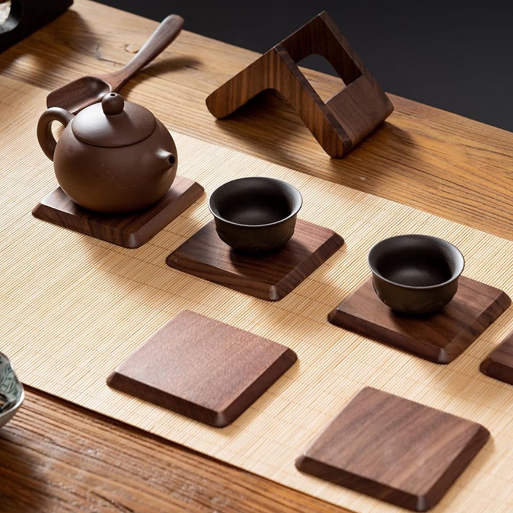 Wesley Coaster Set - Black Walnut and Beech, 6 Pieces with Holder 2