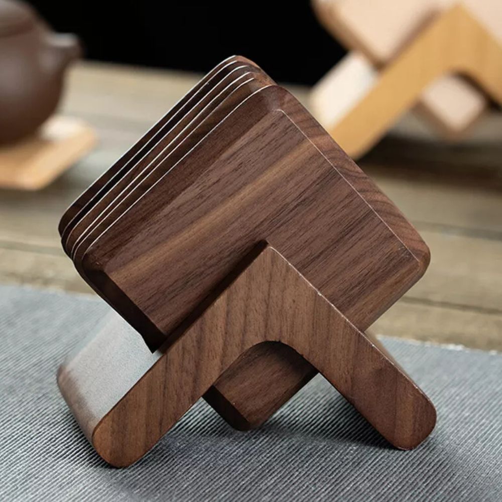 Wesley Coaster Set - Black Walnut and Beech, 6 Pieces with Holder 3