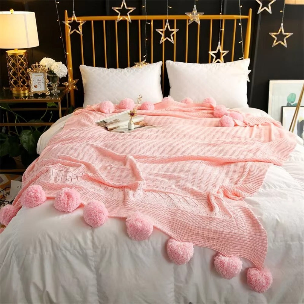 Whimsy Throw Blanket - Soft Microfiber, Knitted Pom-Pom Design 0