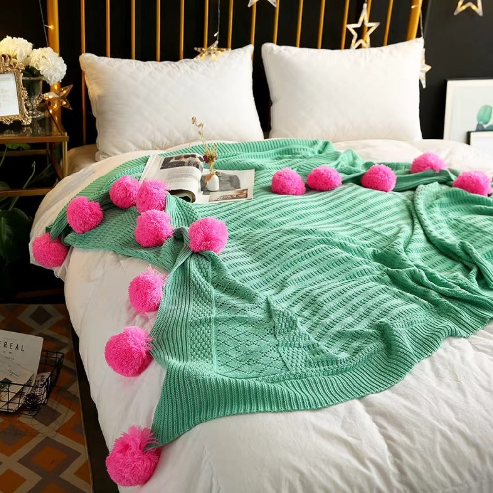 Whimsy Throw Blanket - Soft Microfiber, Knitted Pom-Pom Design 1