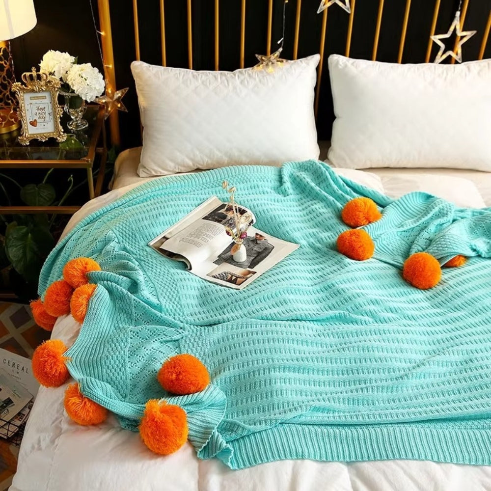 Whimsy Throw Blanket - Soft Microfiber, Knitted Pom-Pom Design 2