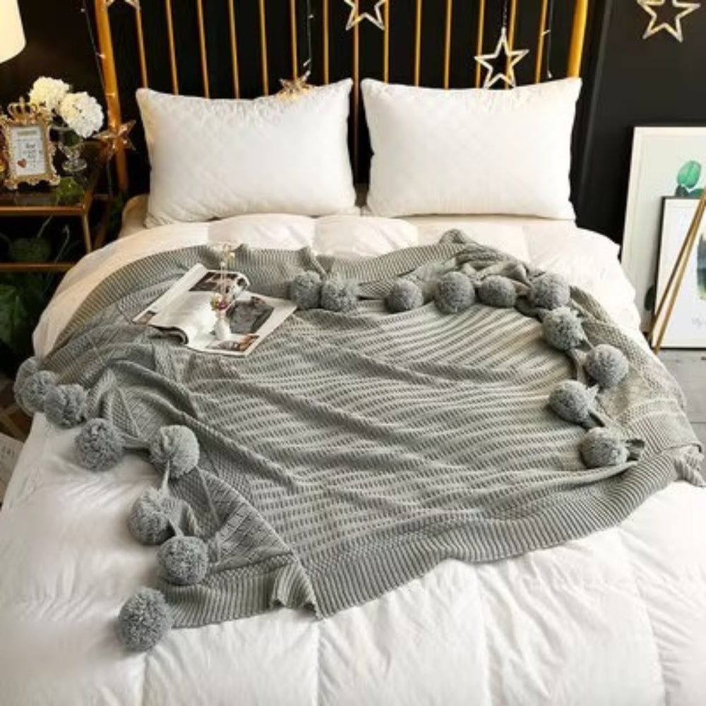 Whimsy Throw Blanket - Soft Microfiber, Knitted Pom-Pom Design 3