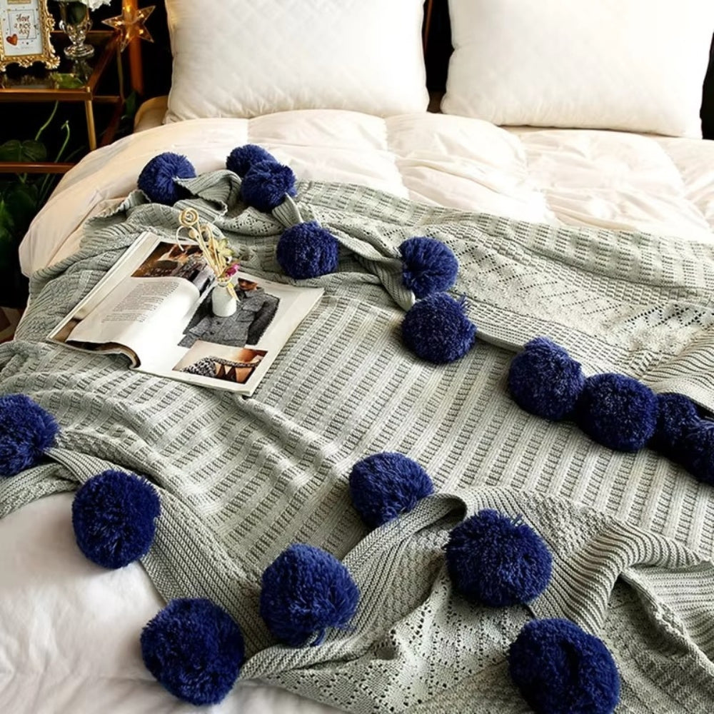 Whimsy Throw Blanket - Soft Microfiber, Knitted Pom-Pom Design 4