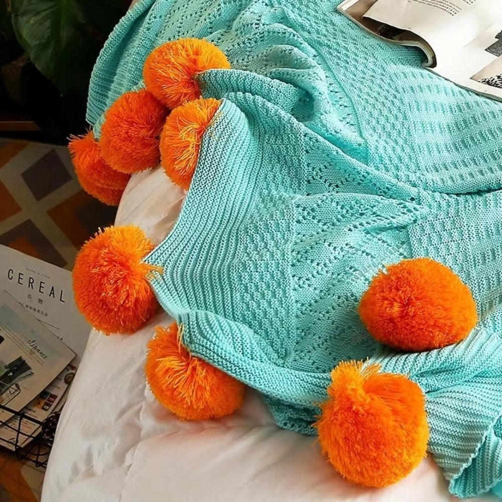 Whimsy Throw Blanket - Soft Microfiber, Knitted Pom-Pom Design 7