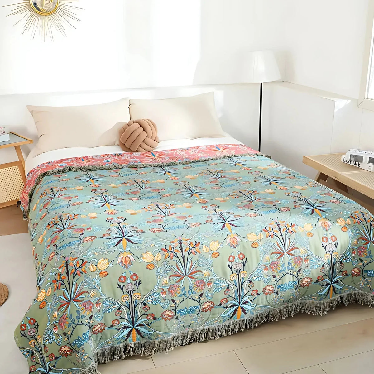 Willow Petal Blanket Throw - Pure Cotton, Reversible Floral Design 0