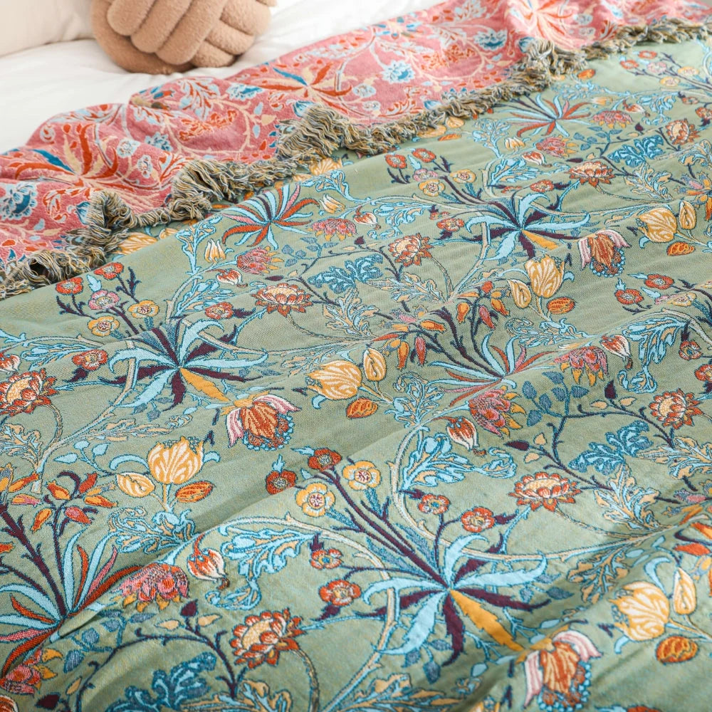 Willow Petal Blanket Throw - Pure Cotton, Reversible Floral Design 1
