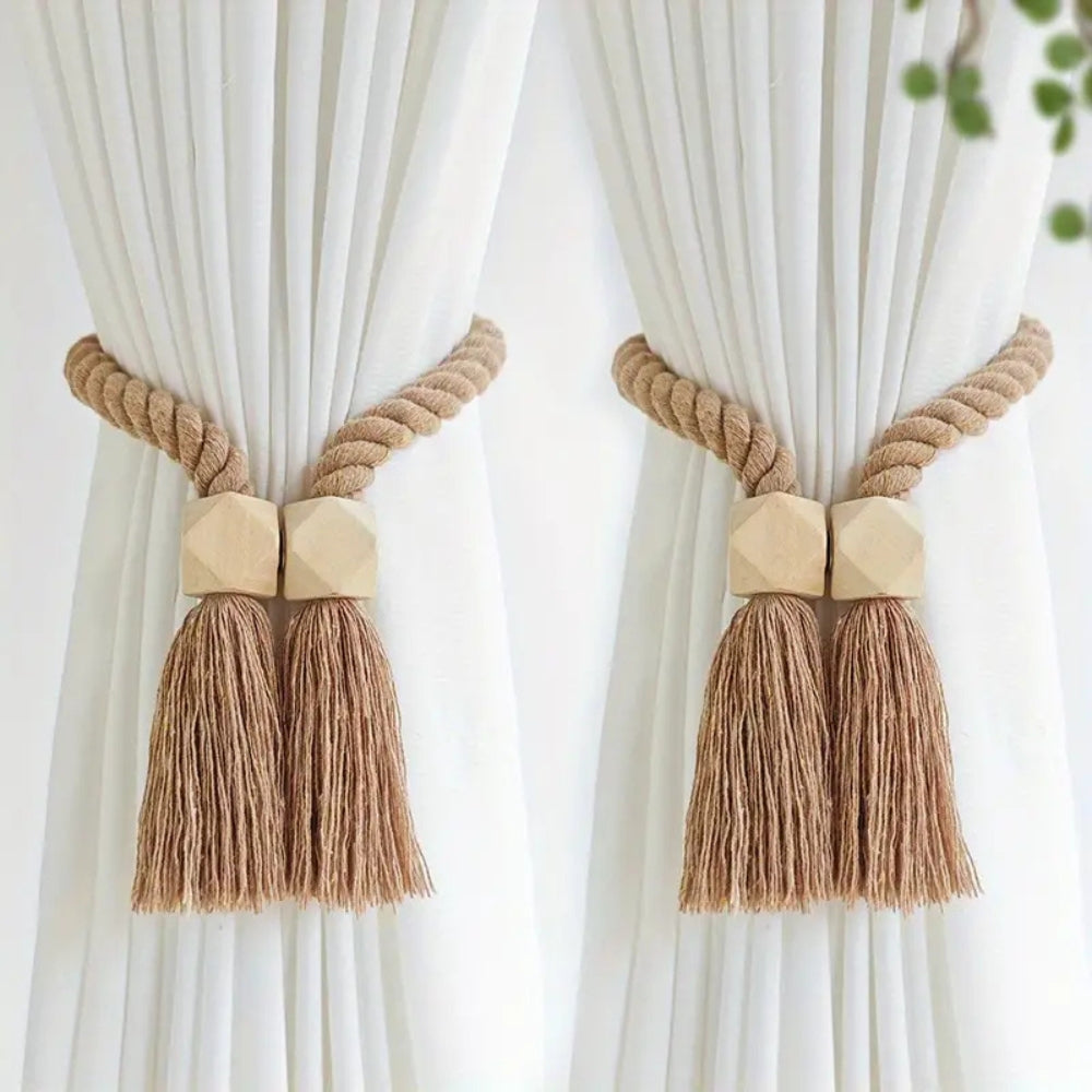 Woven Bead Curtain Tiebacks - Handcrafted Cotton, Rustic Charm 1