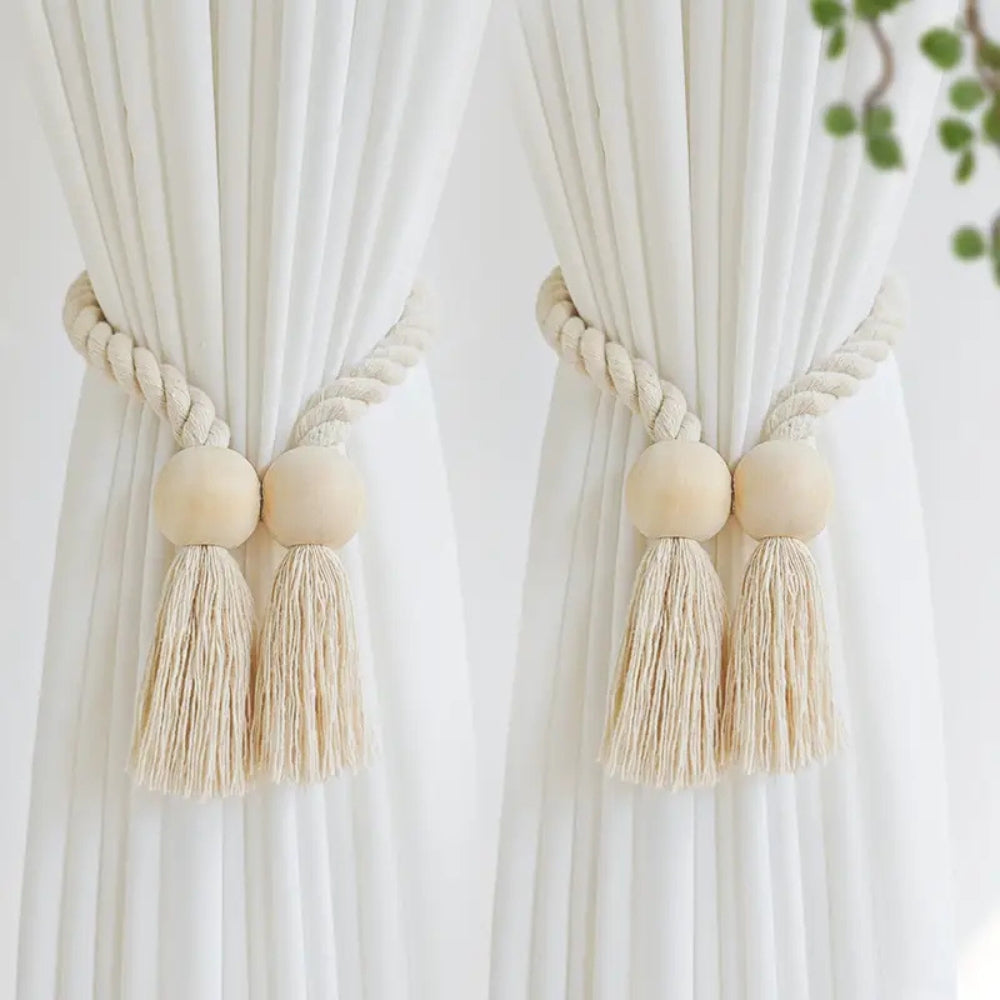 Woven Bead Curtain Tiebacks - Handcrafted Cotton, Rustic Charm 2