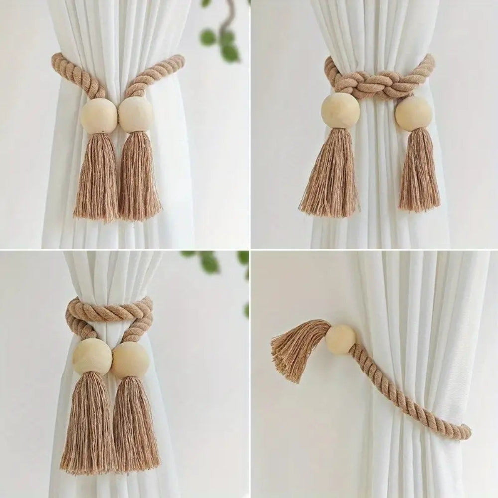 Woven Bead Curtain Tiebacks - Handcrafted Cotton, Rustic Charm 6