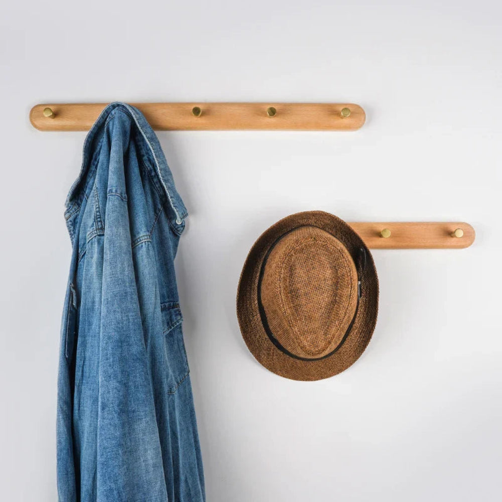 Wren Wall Hooks - Natural Wood with Brass Accents, Space-Saving Coat and Key Organizer 3