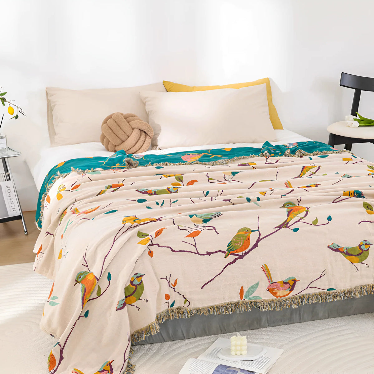 Wrenna Cotton Blanket - 100% Soft Cotton, Boho Bird Design with Tassels 1