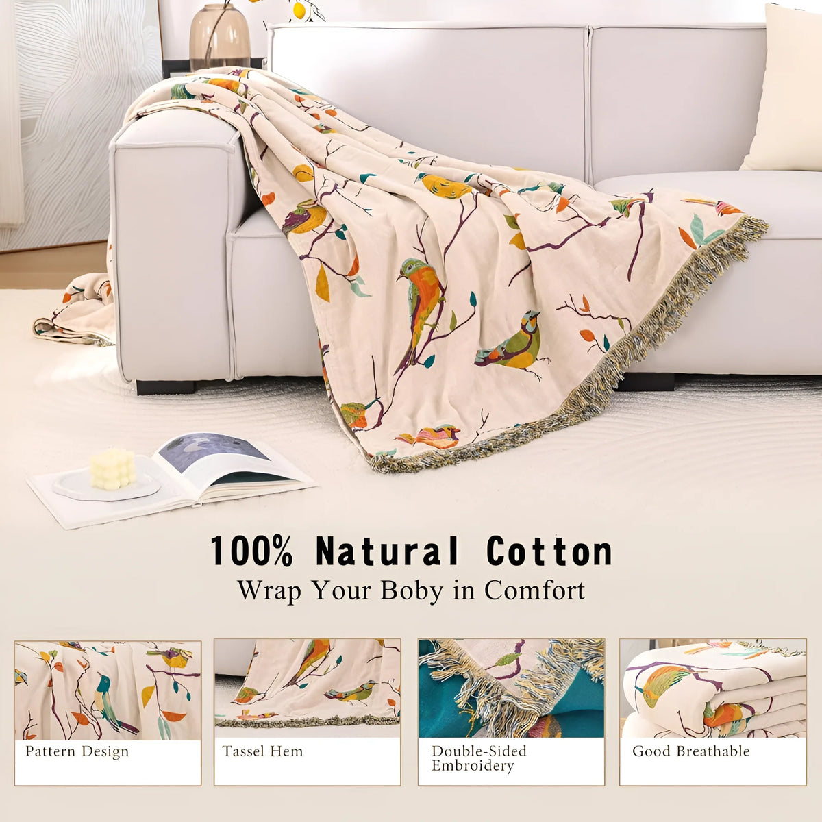 Wrenna Cotton Blanket - 100% Soft Cotton, Boho Bird Design with Tassels 2