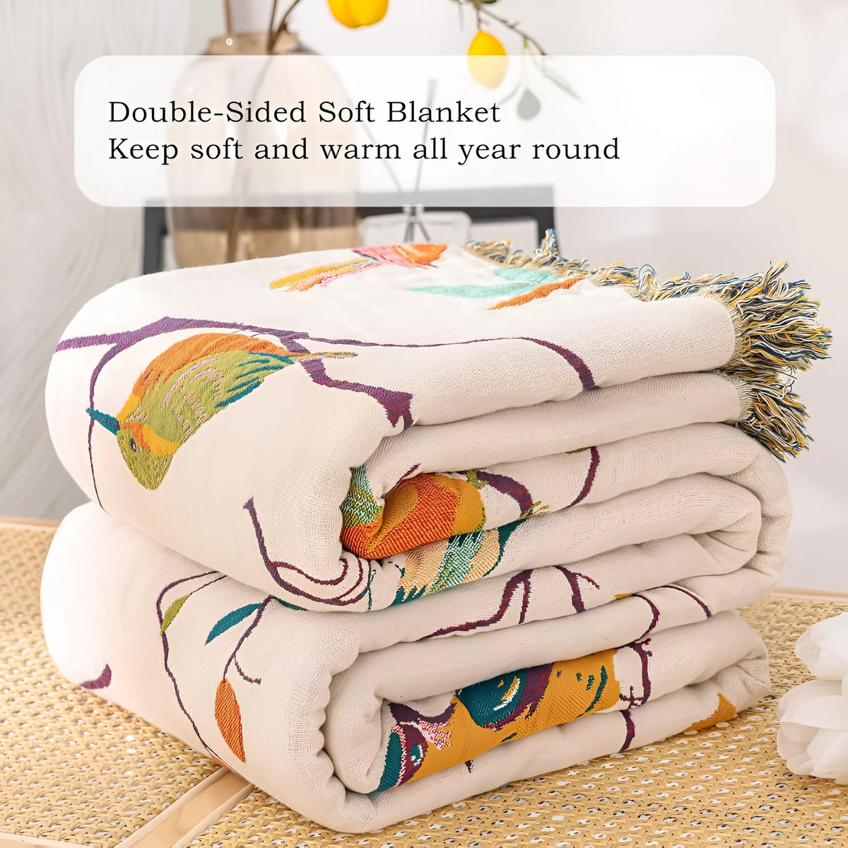 Wrenna Cotton Blanket - 100% Soft Cotton, Boho Bird Design with Tassels 3