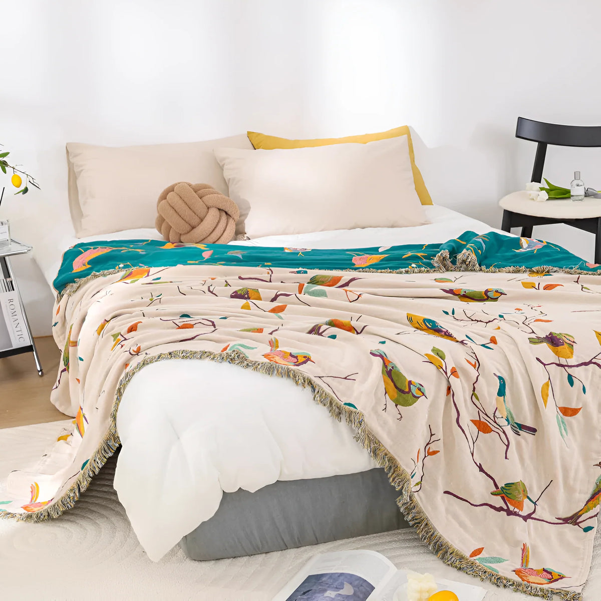 Wrenna Cotton Blanket - 100% Soft Cotton, Boho Bird Design with Tassels 5