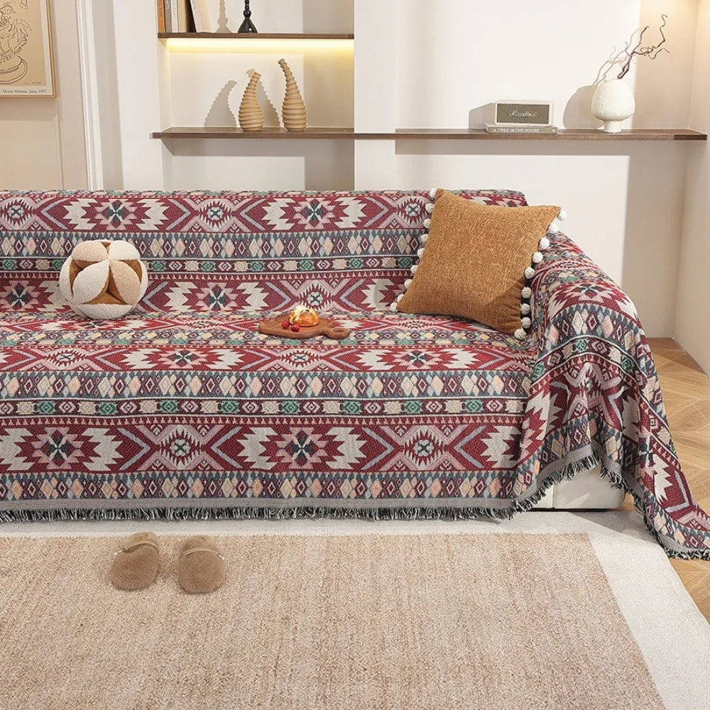 Zarela Sofa Cover - Boho Jacquard Microfiber with Tassel Edges 1